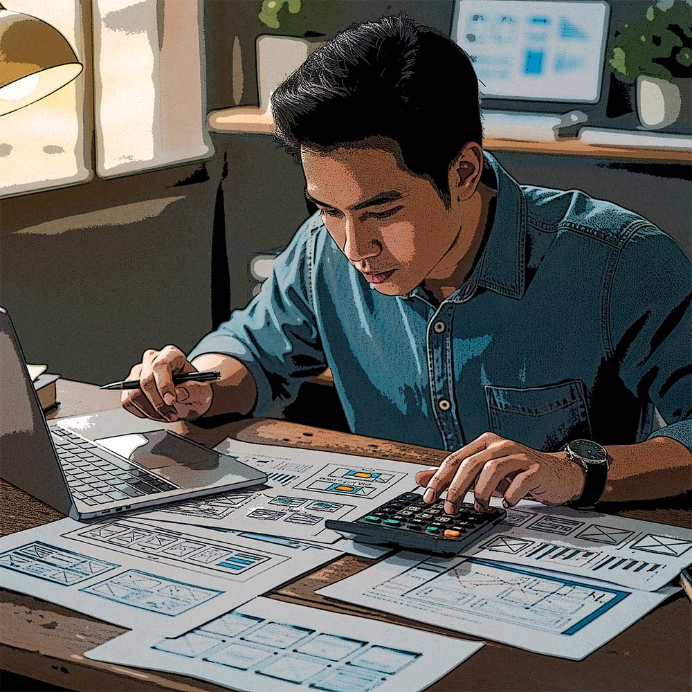 A person at a desk with a calculator and software design sketches