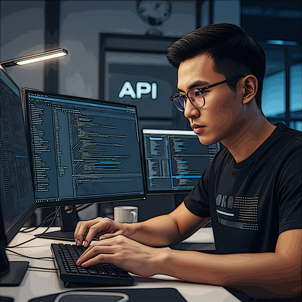 A developer working on API code on a dark-themed screen