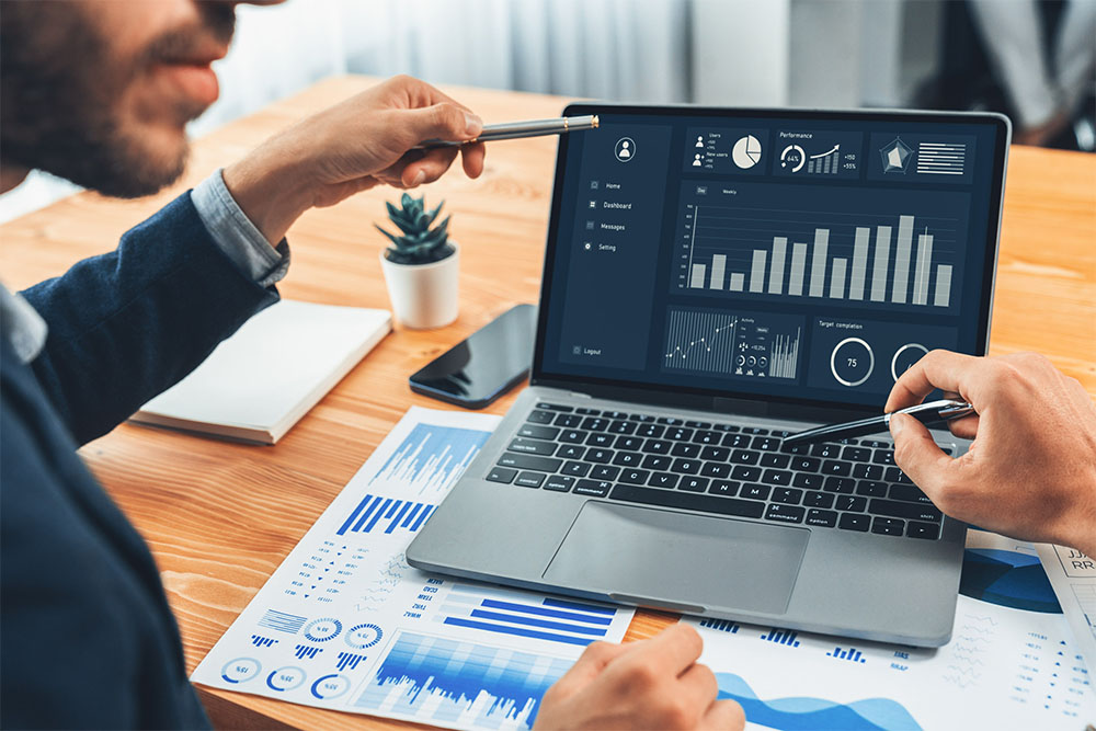 A person making a decision while looking at data visualizations