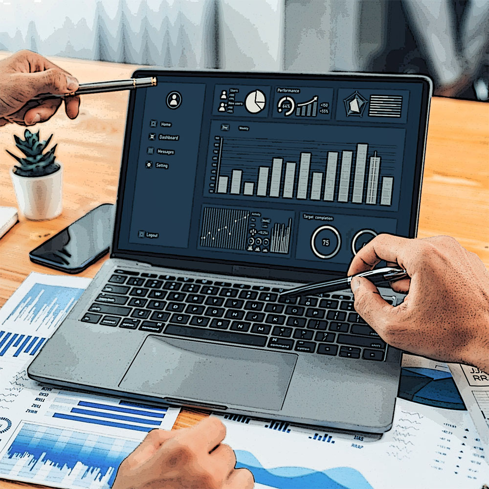 A modern business dashboard displaying graphs and KPIs on a screen