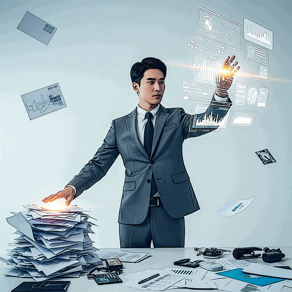 An abstract image showing a manual, chaotic process transforming into a streamlined, automated one.