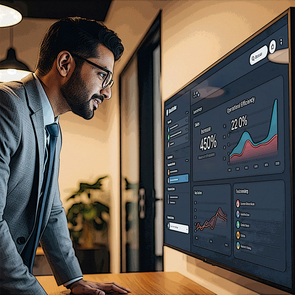 A business owner looking at a dashboard showing increased sales and efficiency