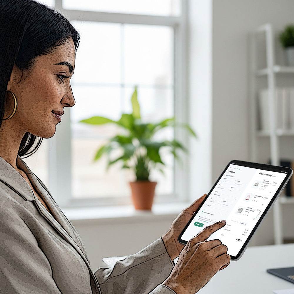 A customer happily making a purchase on a sleek, modern eCommerce website