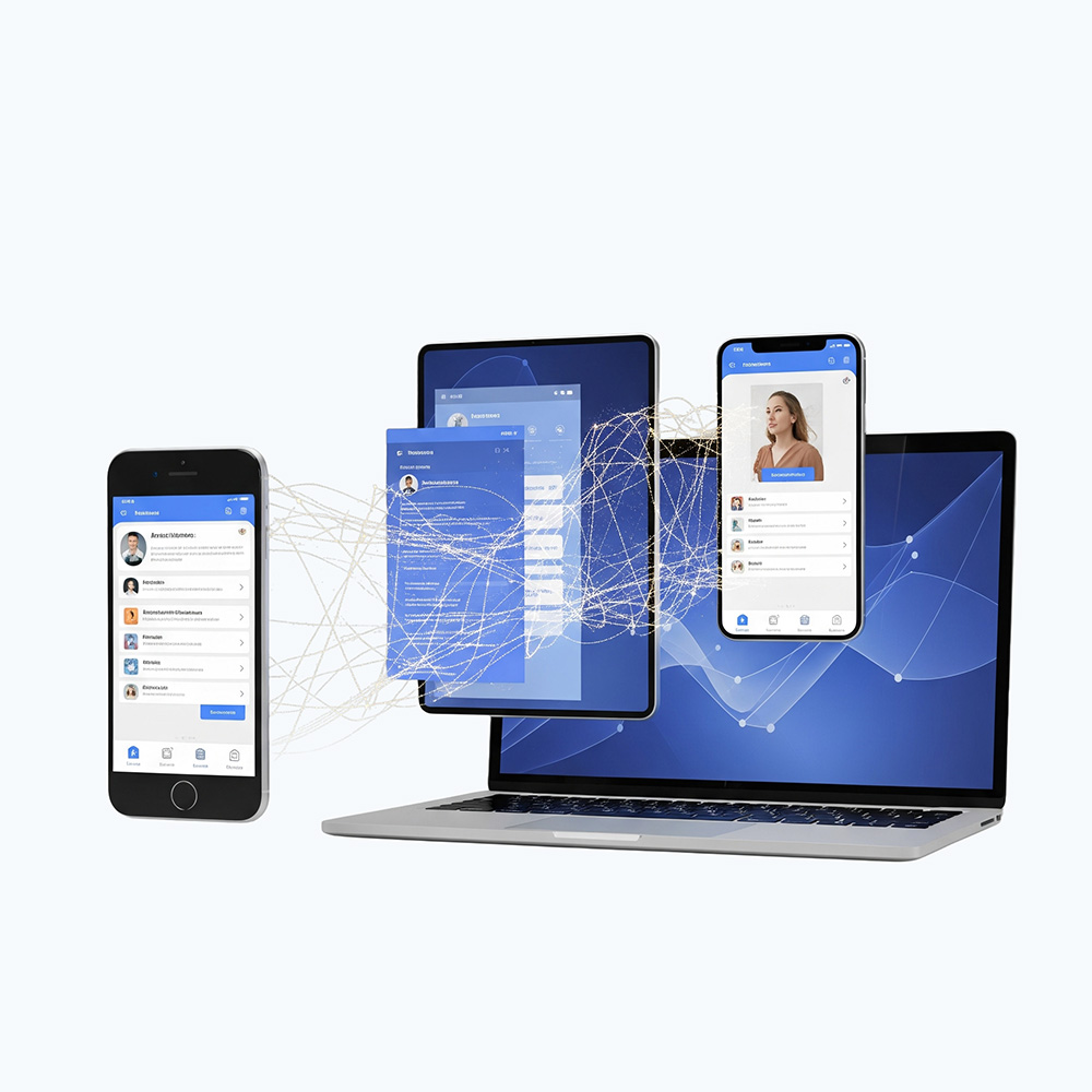 A mobile phone and a laptop screen displaying corresponding native applications