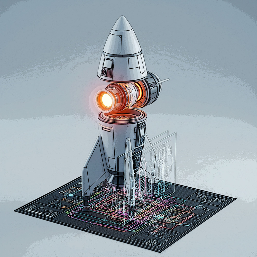A rocket launching from a digital tablet, symbolising a startup launch