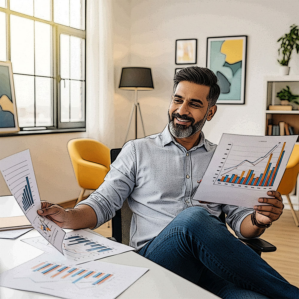 A business owner looking relaxed while reviewing growth charts